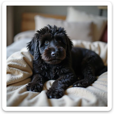 photorealistic black doodle dog lying on a cozy blanket in a home interior, accurate details sticker