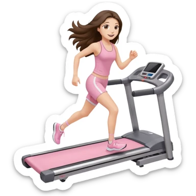 happy long haired brunette girl hazel eyes in light pink walking on treadmill  sticker