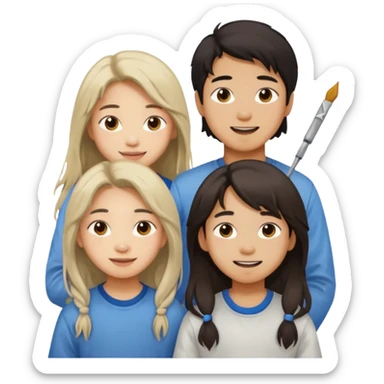 Happy Asian boy with long hair and girl messy painters sticker