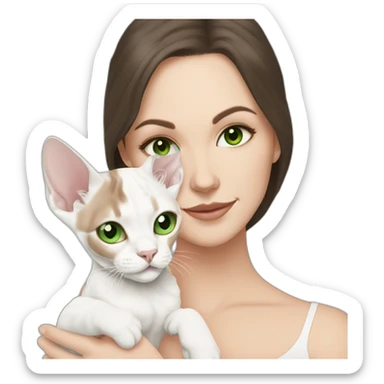 White woman with long dark hair and green eyes holding white devon rex with blue eyes sticker