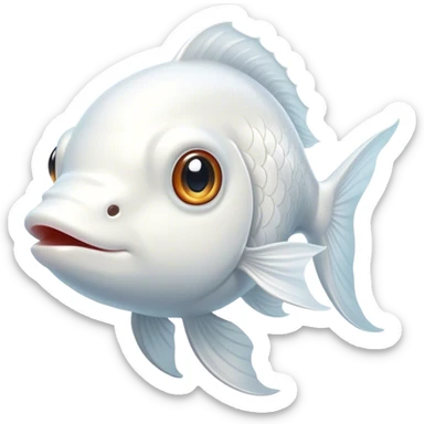 Cinematic Noble White Goldfish Portrait Emoji, Poised and regal, with a sleek, streamlined build and a luminous, pure white body, deep-set soulful pale eyes, Simplified yet sharp and sophisticated features, highly detailed, glowing with a soft, dignified glow, high shine, intelligent and graceful, stylized with an air of aquatic purity, focused and attentive, soft glowing outline, capturing the essence of a watchful and confident aquatic companion, so majestic it feels as though it could glide out of the screen with effortless authority! sticker