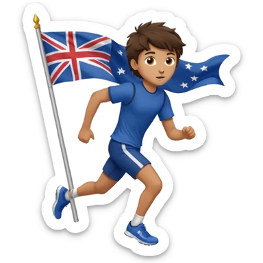 A teen boy with messy brunette hair, running with a fluttering flag behind him. sticker