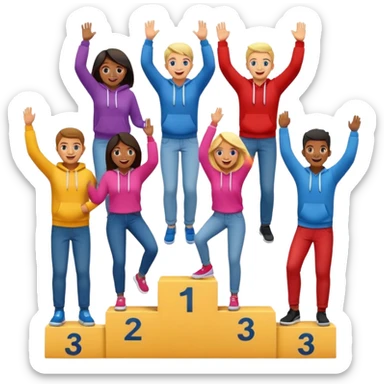 winners’ podium with multi-racial people, un-numbered, middle step higher, fun, colorful clothes like jeans, t-shirts, and hoodies, excited, fun, expressive emoji style sticker