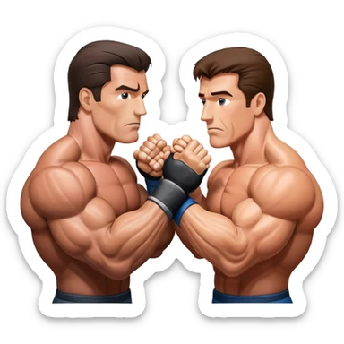 Arnold Schwarzenegger and Sylvester Stallone from 'Over the Top,' locked in an arm wrestling battle, using only their right hands. Their left hands rest on the table. Both display immense strength, with muscular arms flexing, under bright competition lights. Transparent background. sticker