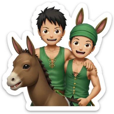 Luffy is riding on Zoro's back, and Zoro looks hilariously like the donkey. Zoro looks angry, and Luffy is laughing. The whole scene is very funny. sticker