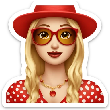 White girl with red polka dotted top and matching hat red sunglasses and gold jewellery  sticker