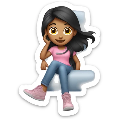 a fair Indian girl with black brownish should length hair dressed up in pink shirt and light blue jeans sitting on top of a plane sticker