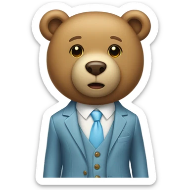 Light brown teddy bear with a light blue suit, with two light yellow buttons on the suit sticker