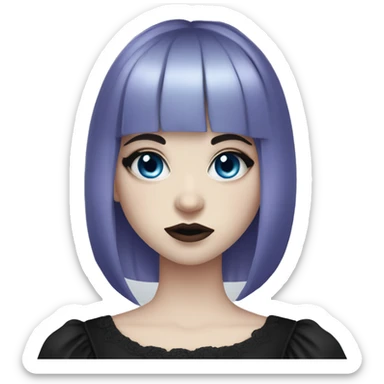 gothic girl, pale skin, blue eyes, long hair, deep purple hair, bangs, black clothes, eyeliner, upper lip beauty mark sticker