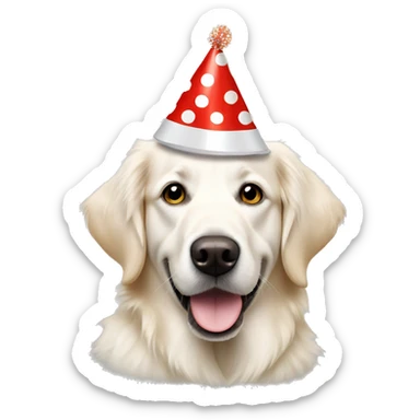 White golden retriever wearing polka dot party hat sticker