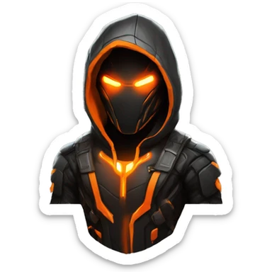 developer behind his laptop with this style : crysis Cyberpunk Valorant orange glowing bright orange character orange black hooded assassin themed character sticker