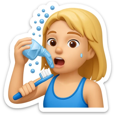 Add a toothbrush to the person rinsing mouth with water, water splashing, in the style of emoji. Keep the emoji style and no background. sticker