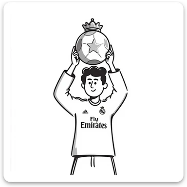 Cristiano Ronaldo in Real Madrid soccer uniform holding the Golden Ball trophy sticker