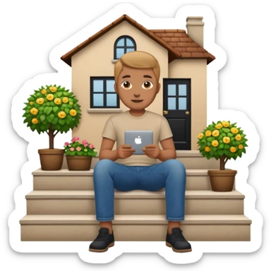 a home which has garden like and the home has slack emoji, where on the house steps, a blob chratcter holding black mac should sit and should look like wiork sticker