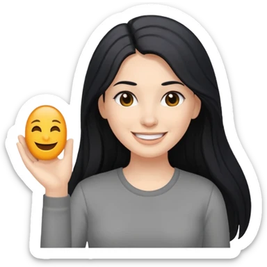white woman with long black hair, smiling with cheese gray shirt sticker