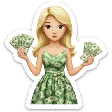 rich long hair blonde australian millionare woman holding a lot of money wearing cute summer dress sticker