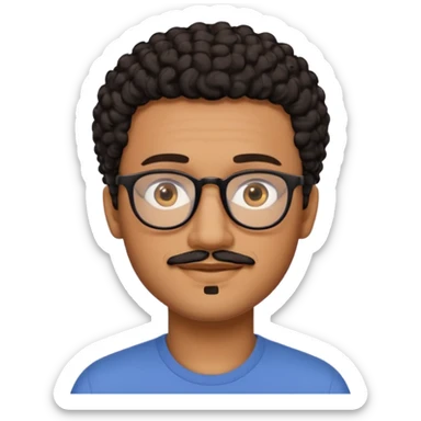 A friendly person with medium-brown skin, large warm brown eyes, thin rectangular glasses, a short mustache and small goatee, black short curly hair. Rounded face, calm slight smile. Head-and-shoulders emoji style, bold outlines, simple shapes, bright colors, transparent background. sticker
