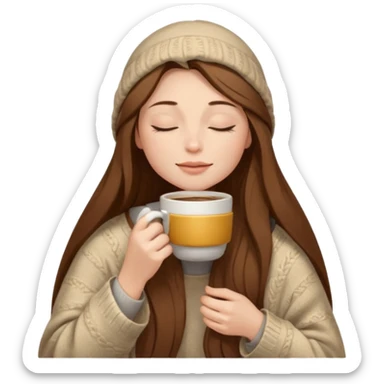long brown hair woman closed eyes with beige blanket on her head, holding cup of coffee, autumn mood sticker