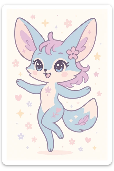 female anthropomorphic fennec fox, unique style blending kawaii and magical elegance, blue and pastel pink fur with fairy mauve highlights, large eyes shining with humor and softness, dynamic and benevolent posture, subtle motifs of stars, flowers, hearts or feathers, embodying hope, harmony, freedom, peace, mutual aid, acceptance, self-confidence, joyful version sticker
