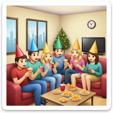 group of friends watching TV with snacks, party scene sticker