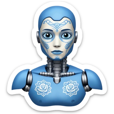 blue Tatooed robot, big many tatooes on chest, neck and face, white tatoo on face sticker