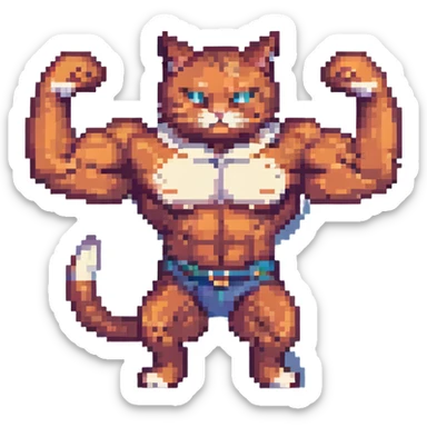 muscle cat, pixel art style, flexing muscles, retro game vibe sticker