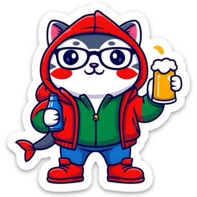 Catfish wearing a red hooded winter jacket, round glasses, blue jeans, red boots, holding a beer can with red label sticker