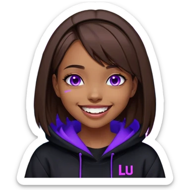 brown haired girl with a bob and blue eyes wearing black hoody with violet letters "Lu", laughs. Cyberpunk style. Violet neon. sticker