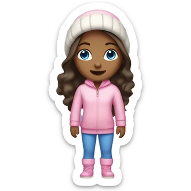 A dark-haired girl with long hair with fair skin and blue eyes in a winter pink jumpsuit sticker