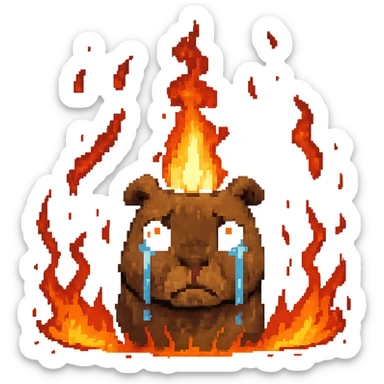 crying capybara, a fire around, pixel-art style sticker