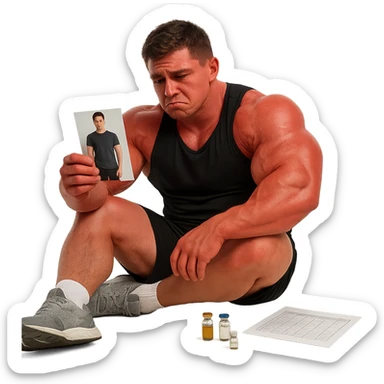realistic young athlete with disproportionate physique and red skin, looking at photo of himself before cycle with sad expression, anabolic vials and dosage chart on floor, isolated on white background, 4K quality sticker