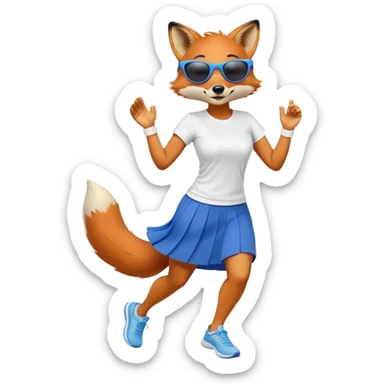friendly anthropomorphised female fox in skirt and t-shirt, wearing dark sunglasses, jogging upright in relaxed pose sticker
