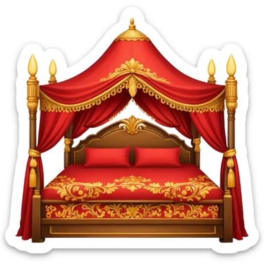 bed with red and gold sheets, wooden, canopy sticker