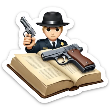 Icon for Action & Crime Reading: an open book with dramatic action scenes, surrounded by a gun, handcuffs, a badge, and a shadowy figure. The icon should evoke suspense, danger, and intrigue of crime and action stories. Transparent background. sticker