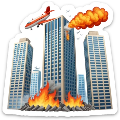 An airplane crashing into a tall tower skyscraper building  sticker