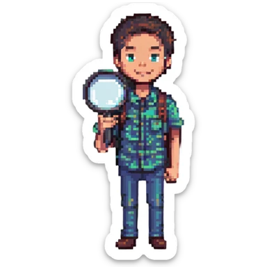 young man with magnifying glass, curious and cheerful expression, pixel art style sticker