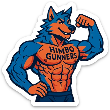 extremely muscular, attractive, and detailed wolf furry, shirtless, with 'Himbo Gunners' tattoo across chest, flexing, confident, with intricate fur and muscle definition sticker