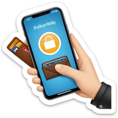 cheerful hand holding smartphone with Polkassembly logo and wallet app open showing connect button symbolizing connecting wallet to Polkassembly sticker