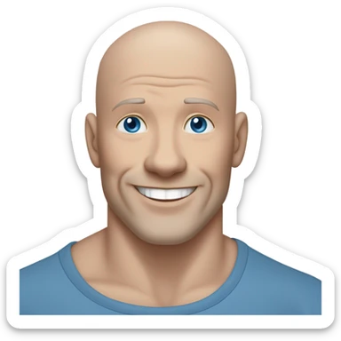 bald white mature man no beard blue eyes and blue tshirt Hugging large gray smiling pit bull sticker