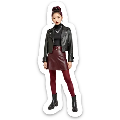 Apple emoji style. Full-body East Asian woman with a single sleek bun below the ears. Oversized hip-length black leather jacket, black turtleneck, silver Vivienne Westwood orb necklace. Low-waist A-line burgundy leather skirt, burgundy tights, red long boots. sticker