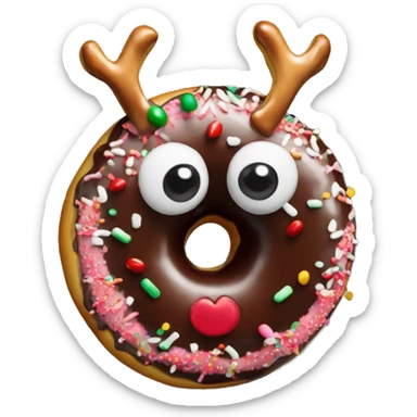 Holiday donut with a reindeer face decoration, chocolate glaze, and candy eyes sticker