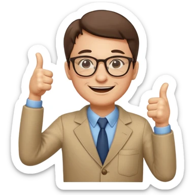 un PROFESOR que este parado con sus lentes guiñando el ojo y CON LAS MANOS HACIA ARRIBA DANDO LIKE sticker