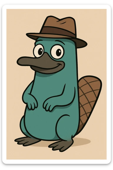 teal platypus, brown fedora, cute and friendly, soft colors sticker