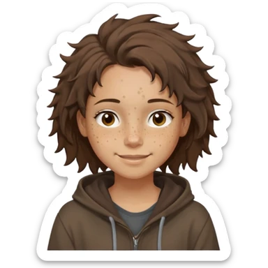 Hobo tomboy with light skin, freckles, dark brown shoulder-length hair in a messy style. Brown eyes, dark brown hoodie, brown shirt. sticker