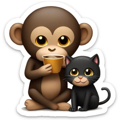 Coffee-colored monkey drinking coffee hugging black cat carrying a cake sticker
