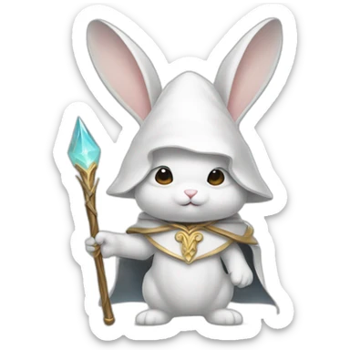 White wizard bunny with big ears, white cloak, staff and hat sticker