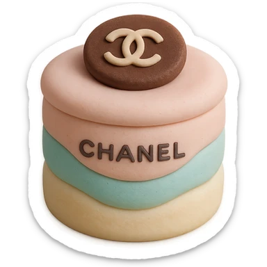pastel Chanel mousse cup with a chocolate logo disk, fondant cake art style sticker