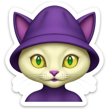 dark purple alien cat with no fur and yellow hat and green eyes sticker