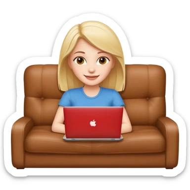 A white girl is lying on a sofa with a laptop sticker