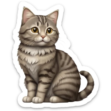 cinematic-[grey brown tabby cat]-realistic-full-body-sitting-emoji,-tail-curled-playfully-around-its-paws,-head-tilted-dramatically,-scruffy-[grey]-fur,-simplified-yet-realistic-focused-features,-highly-detailed,-glowing-with-an-almost-sarcastic-glow sticker